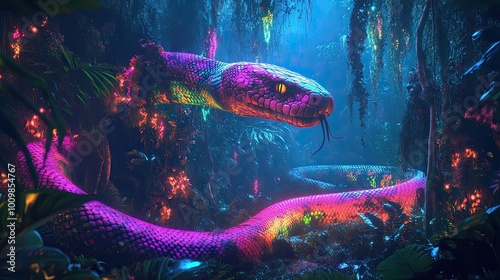 Fototapeta Naklejka Na Ścianę i Meble -  A Vibrant, Neon Snake Coiled in a Glowing, Lush Jungle