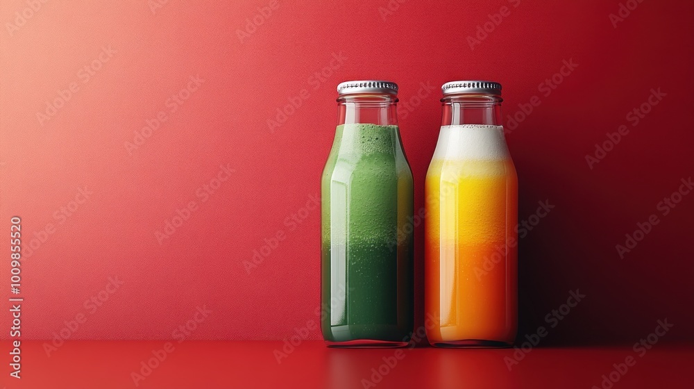 Two bottles of colorful drinks on a red background. Two bottles of colorful drinks on a red background.