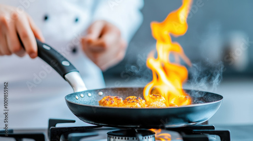 A chef expertly flares up a skillet on the stove, creating a vibrant burst of flames as the seared dish releases steam in a lively kitchen scene.