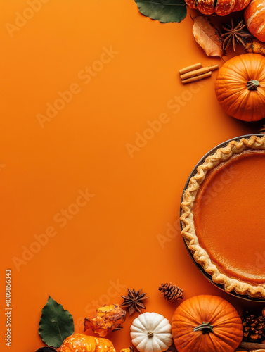 A vibrant autumn-themed still life with a pumpkin pie and assorted harvest decorations on an eye-catching orange background.
