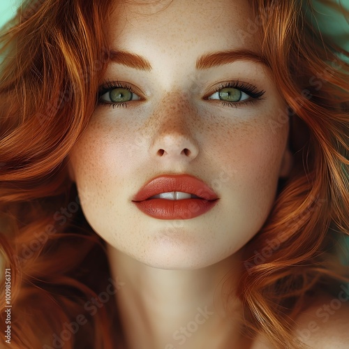 A close-up portrait of a young woman with long, flowing red hair. Her green eyes and bright smile are captivating. photo