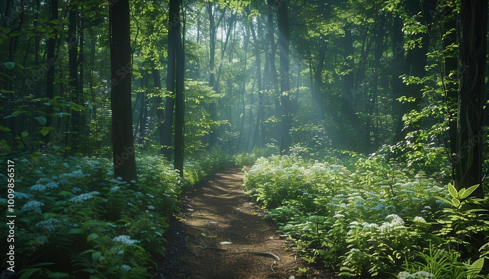 Obraz premium Forest hiking trails with dappled sunlight, serene and inviting, Nature, Soft greens, Photograph, Woodland walk