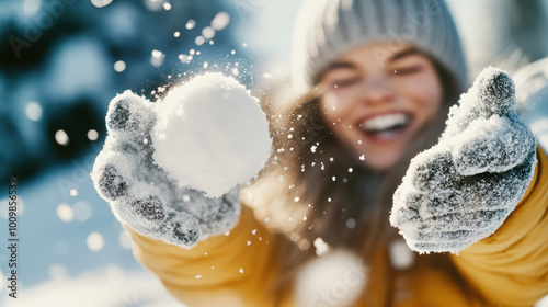 Capturing youthful joy, a person, covered in a snowball, radiates excitement and winter fun against a scenic snowy backdrop. photo