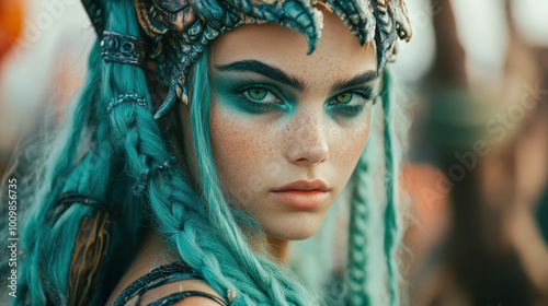 A captivating figure with intricate braids and mystical eye makeup evokes a fantastical realm, exuding an aura of mystery and magic. photo