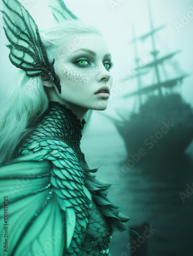 An ethereal mermaid with dragon-like features stands mystically by a ship in foggy waters, evoking fantasy and allure. photo