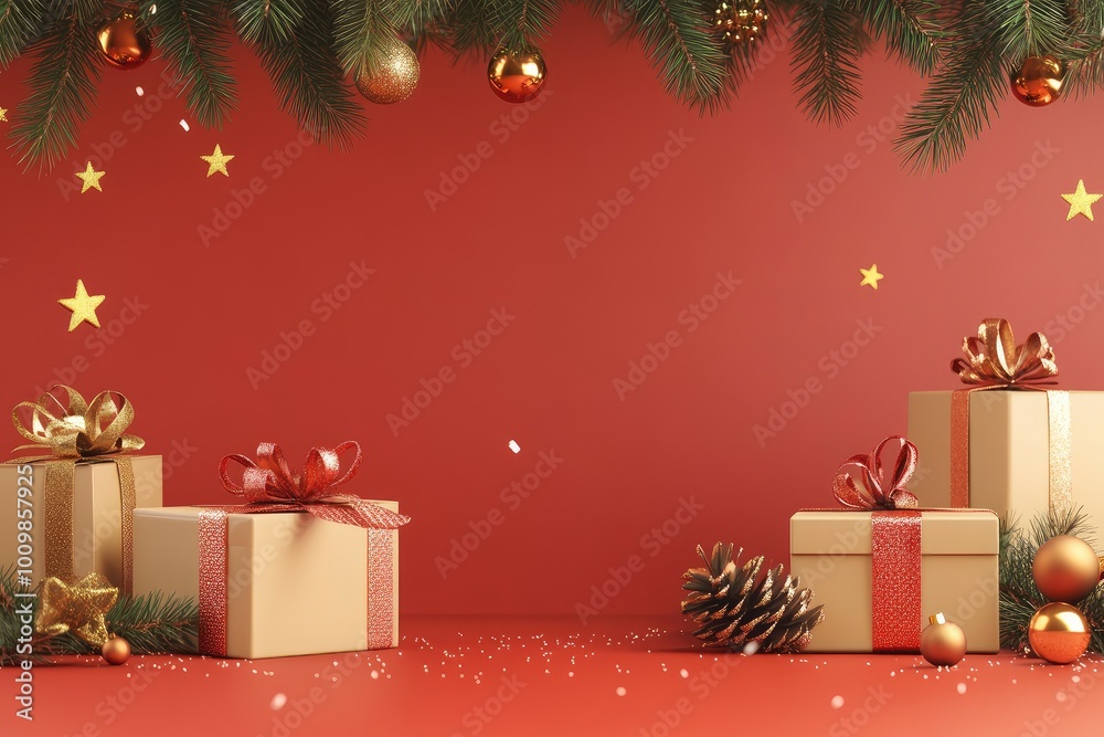 Christmas background with christmas gifts decoration - 3d rendering with generative ai Christmas background with christmas gifts decoration - 3d rendering with generative ai