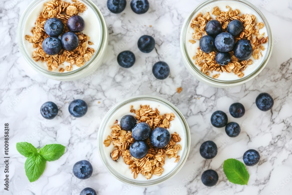 Delicious yogurt parfaits topped with granola and blueberries on a marble surface.