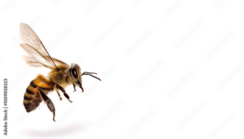 western honey bee or European honey bee - Apis mellifera - closeup side view in flight flying in mid air. isolated on white background. producer of honey western honey bee or European honey bee - Apis mellifera - closeup side view in flight flying in mid air. isolated on white background. producer of honey
