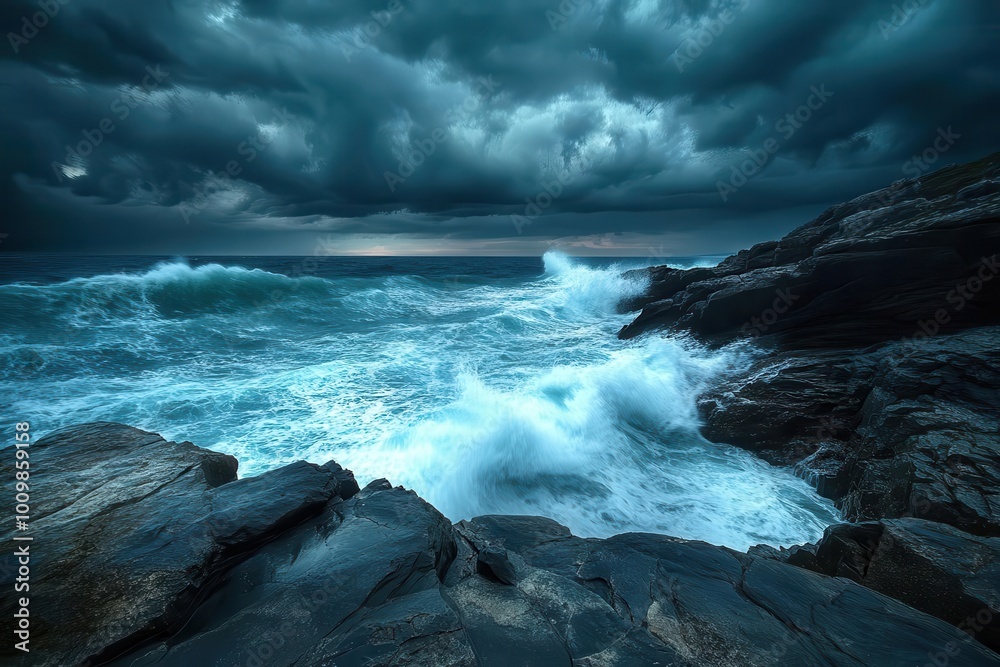 Dramatic seascape with turbulent waves crashing against dark rocks under stormy skies. Dramatic seascape with turbulent waves crashing against dark rocks under stormy skies.
