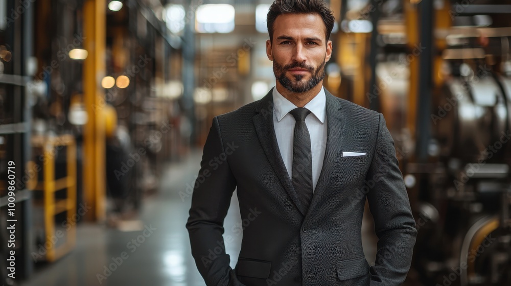 Confident businessman in a tailored suit stands in a modern industrial workspace filled with machinery and warm lighting Confident businessman in a tailored suit stands in a modern industrial workspace filled with machinery and warm lighting