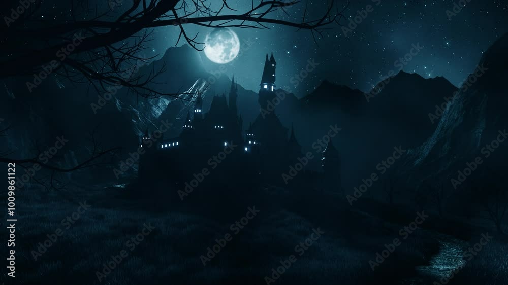 Foggy Castle in a Spooky Night with Flying Bats - Loop - Fantasy Landscape Background
