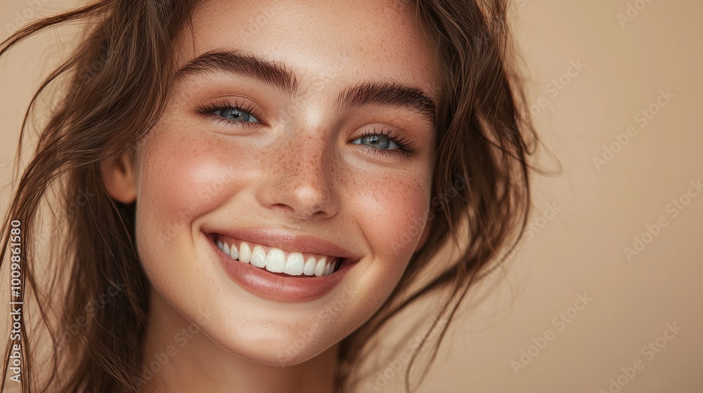 Smiling Woman Close-Up on Neutral Background Smiling Woman Close-Up on Neutral Background