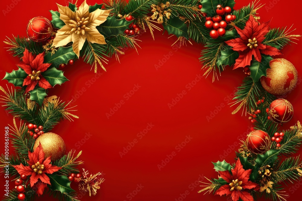 Christmas background with decorations and wide arch shaped leaf frame on red background. with generative ai Christmas background with decorations and wide arch shaped leaf frame on red background. with generative ai