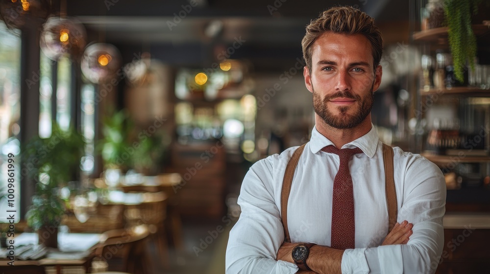Confident young man with beard wearing a white shirt and tie stands in a stylish restaurant during daylight Confident young man with beard wearing a white shirt and tie stands in a stylish restaurant during daylight