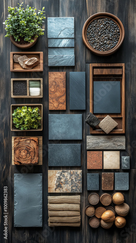 A flat lay of various natural materials arranged on a dark wood background.