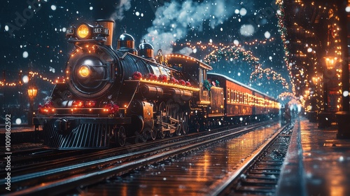 AI Generated Image of vintage Christmas decorated train at night on a railroad station