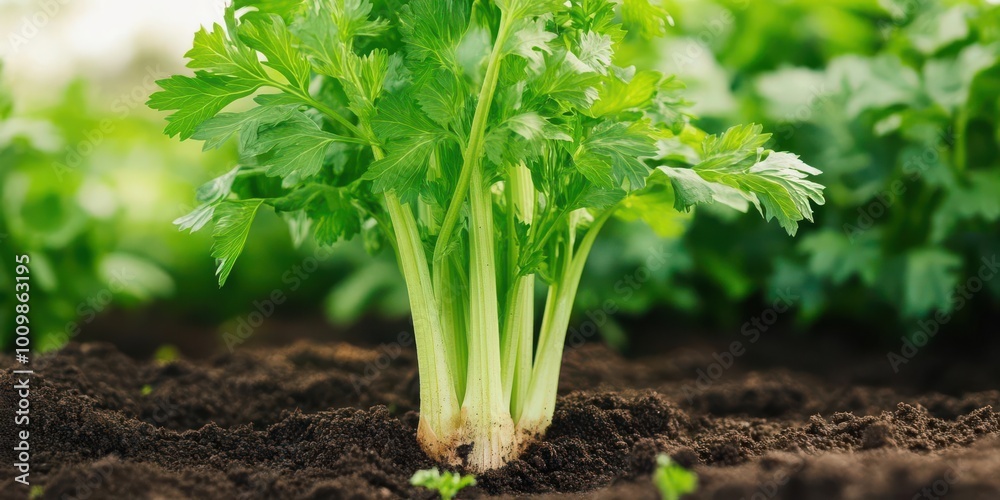 Obraz premium Fresh celery growing in soil, showcasing its vibrant green leaves and stalks.
