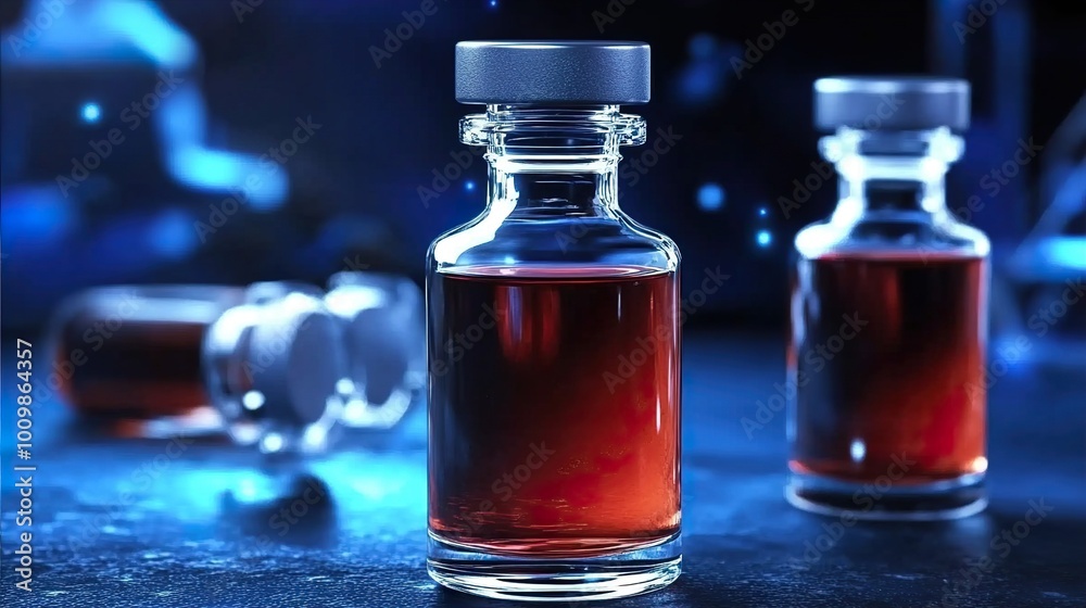 Closeup of Glass Bottles with Red Liquid in a Science Lab Closeup of Glass Bottles with Red Liquid in a Science Lab