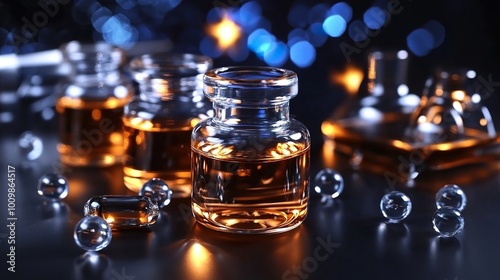 Close Up of Glass Bottles with Liquid in a Science Lab