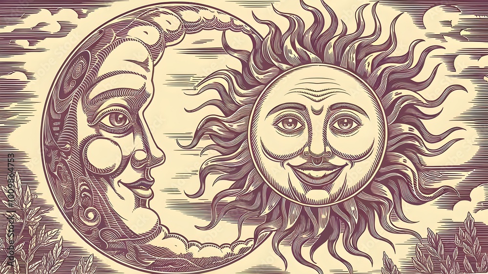 Illustration of Moon and Sun with Intricate Designs and Tree Illustration of Moon and Sun with Intricate Designs and Tree