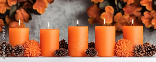 A Thanksgiving table adorned with orange candles photo