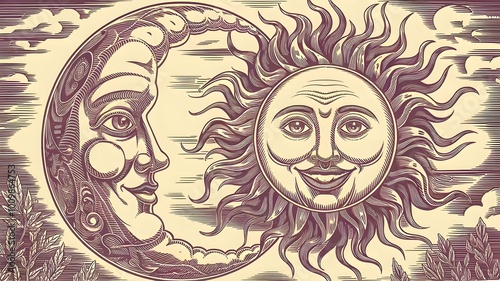 Illustration of Moon and Sun with Intricate Designs and Tree