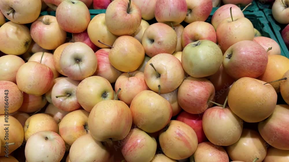 A close-up image of a large pile of freshly harvested apples displayed in a market. A close-up image of a large pile of freshly harvested apples displayed in a market.