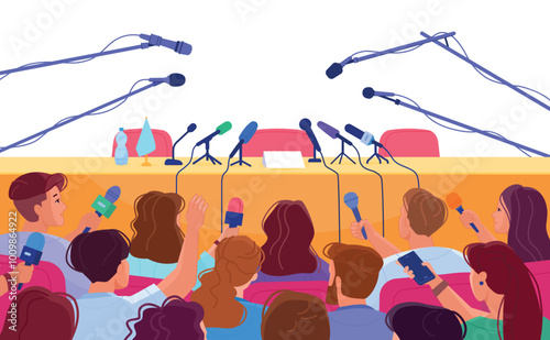 Press conference audience. Empty event tribune. Presentation meeting