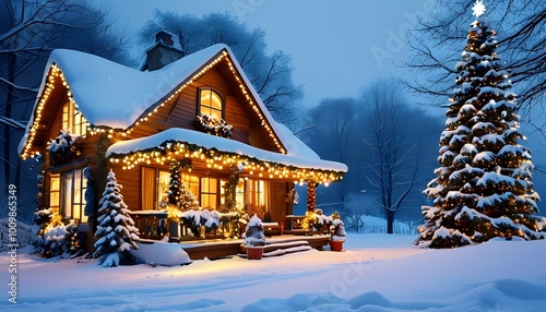 A cozy, snow-covered cabin adorned with colorful lights and a decorated Christmas tree, creating a festive winter atmosphere.