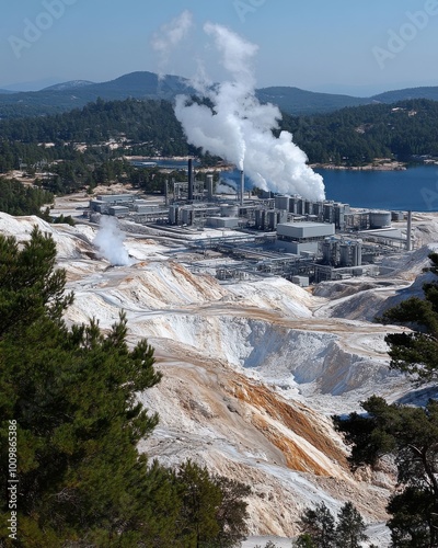 Aerial View of a Geothermal Power Plant Amidst Lush Greenery and Mountainous Landscape with Emissions in the Blue Sky photo