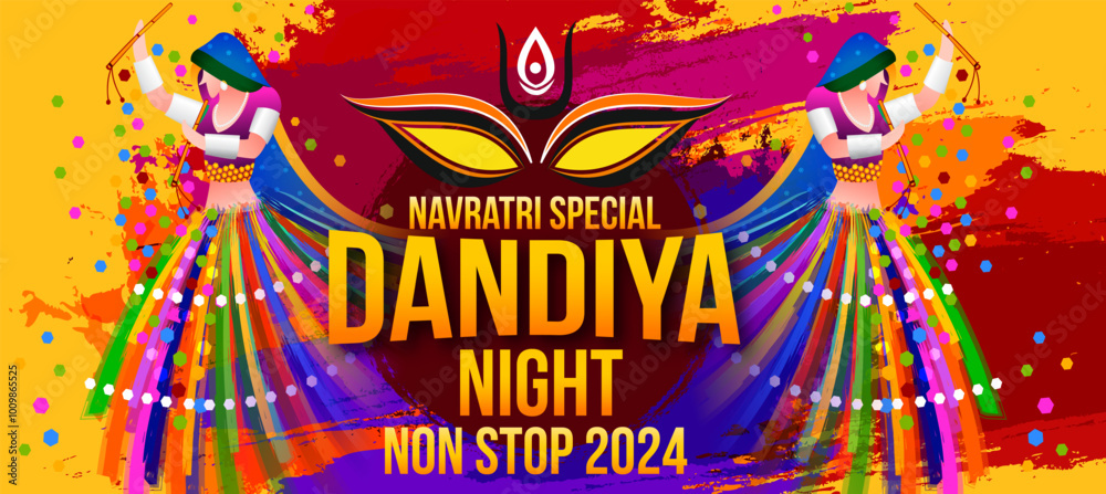 Vector design of Indian couple playing Garba in Dandiya Night in disco poster for Navratri Dussehra festival of India Invitation Card Background. Vector design of Indian couple playing Garba in Dandiya Night in disco poster for Navratri Dussehra festival of India Invitation Card Background.