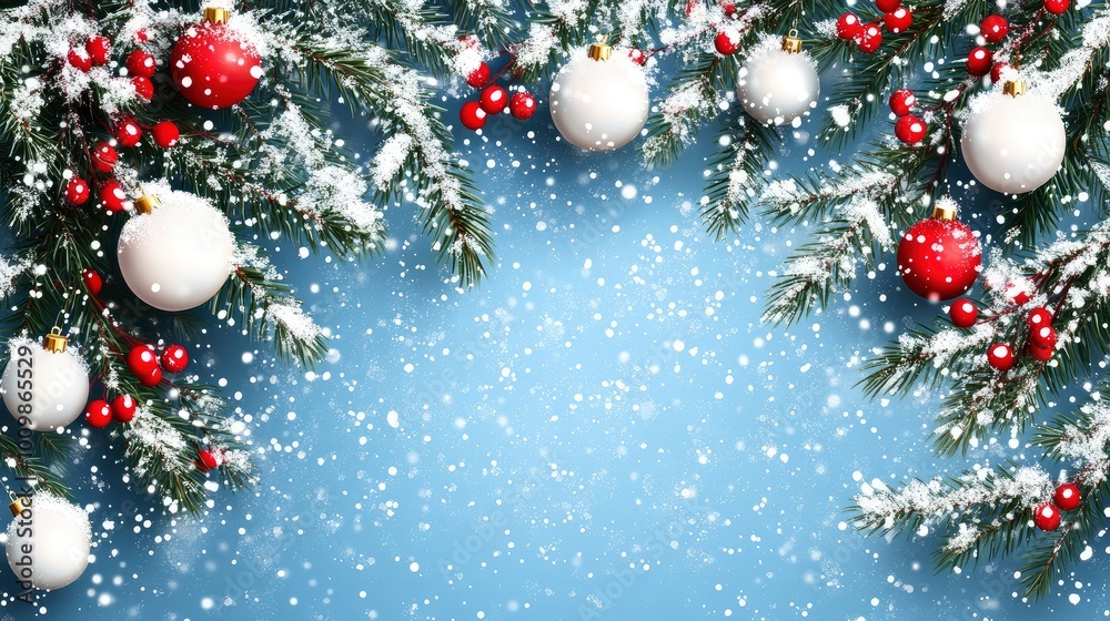 Naklejka premium Christmas banner with fir branches and white and red decorations on blue background with snow. with generative ai