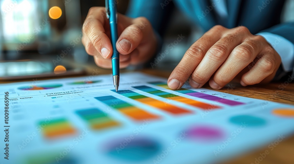 Analyzing colorful data charts at a desk during a business meeting in a modern office environment Analyzing colorful data charts at a desk during a business meeting in a modern office environment