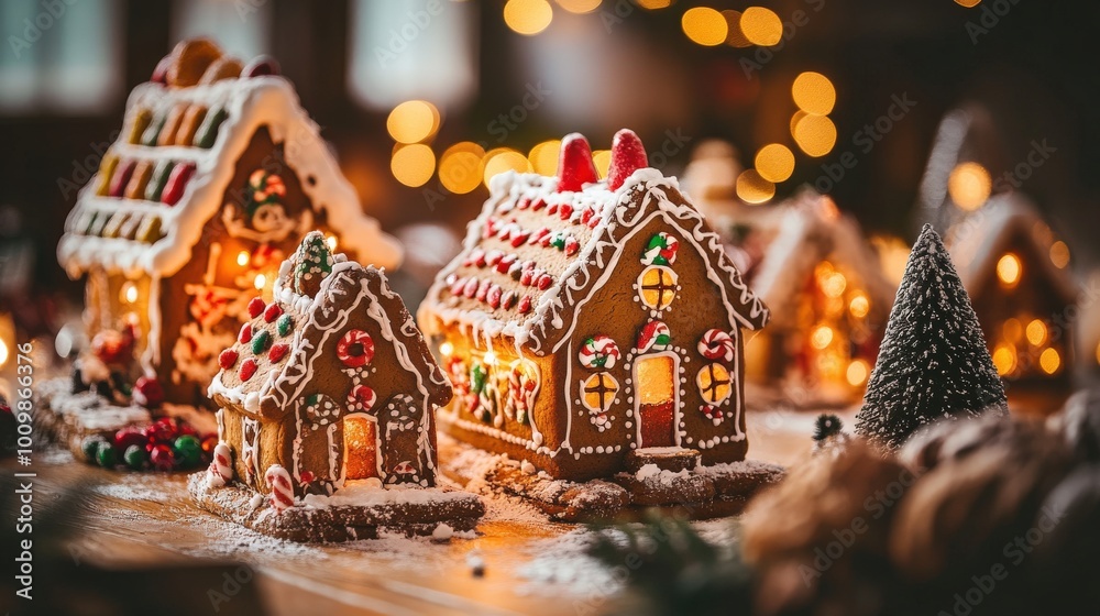 This enchanting gingerbread village features intricately decorated houses, each with unique designs, surrounded by festive lights and a sprinkle of snow, capturing the essence of holiday cheer This enchanting gingerbread village features intricately decorated houses, each with unique designs, surrounded by festive lights and a sprinkle of snow, capturing the essence of holiday cheer
