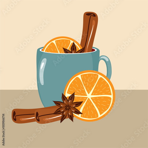 Illustration with cup of mulled wine with orange, cinnamon, anise cozy autumn or winter vector illustration hot drink 