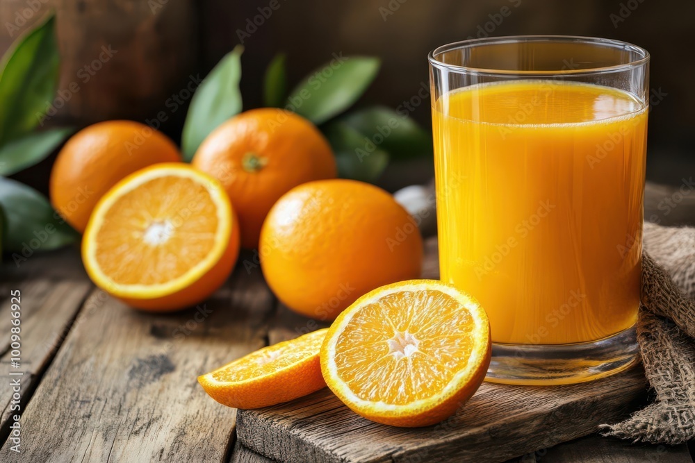 Fresh oranges and juice on a rustic wooden surface, emphasizing natural ingredients. Fresh oranges and juice on a rustic wooden surface, emphasizing natural ingredients.
