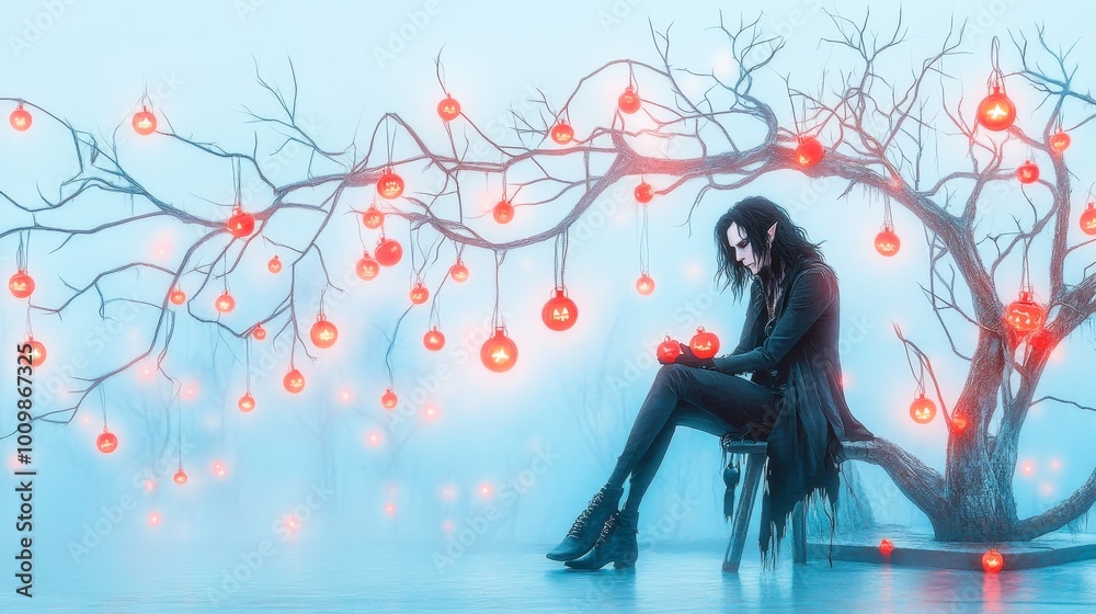 Fototapeta premium Glowing Vampire Rooftop Rendezvous: Hyper Realistic Halloween Night