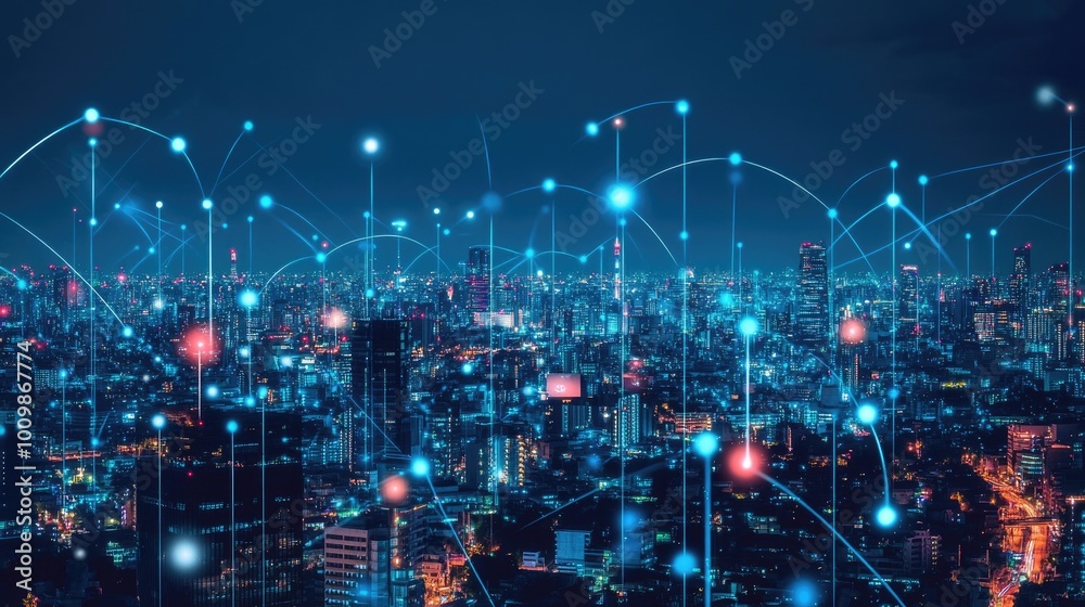 Fototapeta premium Illuminated Cityscape at Night with Abstract Network Connections