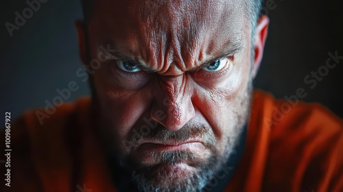 Furious and angry man displaying an aggressive and mad expression, rage in a studio portrait, irritated emotions of stress, frustration, and unhappiness while upset, crazy, fight photo