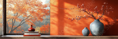 Autumn leaves viewed through a window with two gray vases on a windowsill.