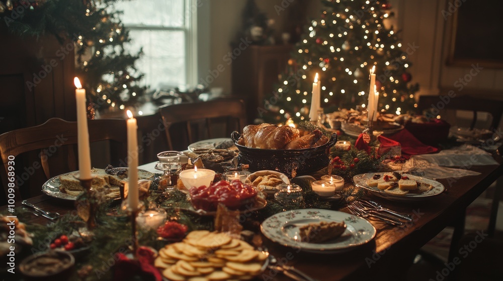 The table is elegantly set for Christmas with candles, an array of festive dishes, and vibrant decorations, creating a warm and inviting atmosphere for family gatherings The table is elegantly set for Christmas with candles, an array of festive dishes, and vibrant decorations, creating a warm and inviting atmosphere for family gatherings