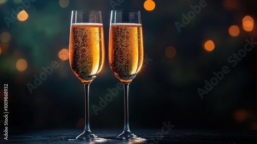 Ai generated illustration Two glasses of champange on dark background photo