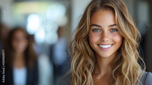 Young woman with long wavy hair smiling confidently in a vibrant indoor setting during daytime