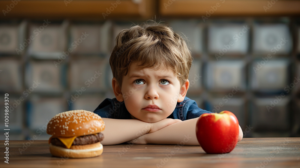 Fototapeta premium Little boy sit on table, Hamburger and apple on table Boy with confused face and undecided