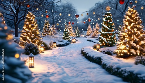 A serene winter scene featuring snow-covered trees adorned with twinkling lights, creating a magical holiday atmosphere.