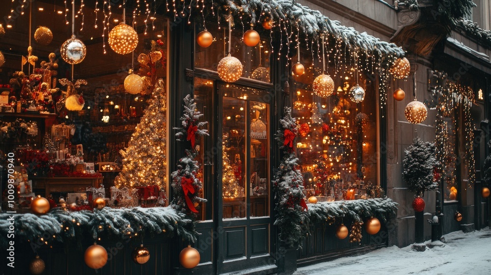 Obraz premium The storefront is beautifully decorated for Christmas, featuring twinkling lights, ornaments, and a festive tree, creating a warm holiday atmosphere in the snow-covered street