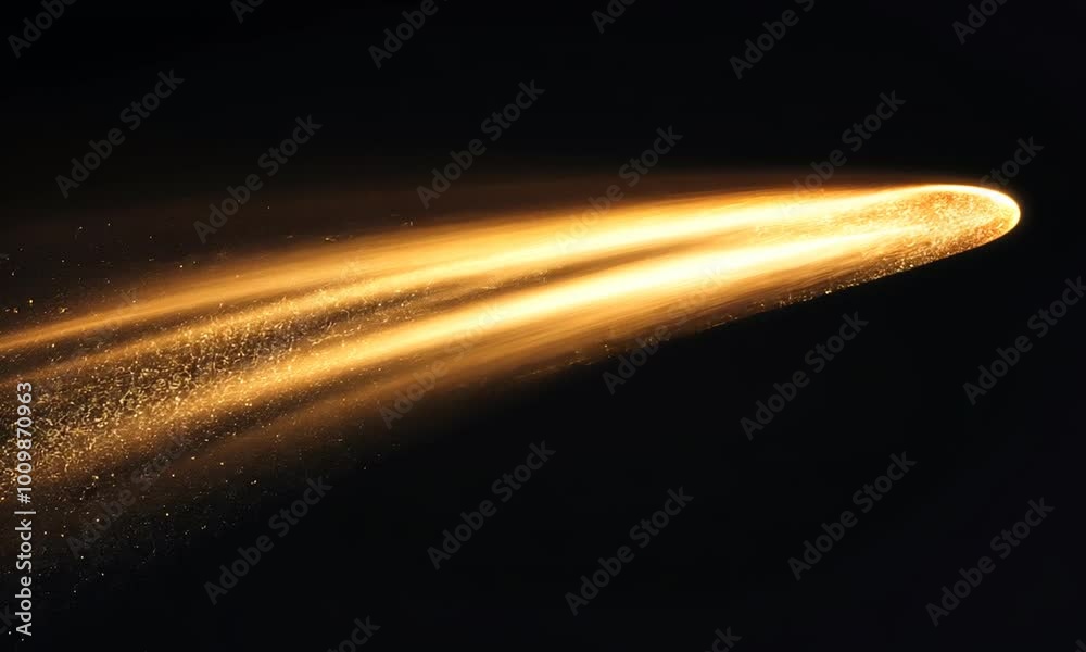 Abstract visualization of a glowing golden light streak moving across a dark background, creating a dynamic and radiant effect with shimmering particles trailing behind.