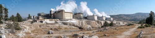 Aerial Panorama of Geothermal Power Plant Emitting Steam, Set Against Arid Landscape and Clear Sky, Renewable Energy Infrastructure photo