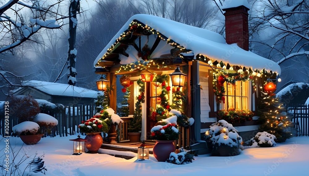 A cozy, snow-covered cabin adorned with festive lights and decorations, capturing the warmth of winter nights.