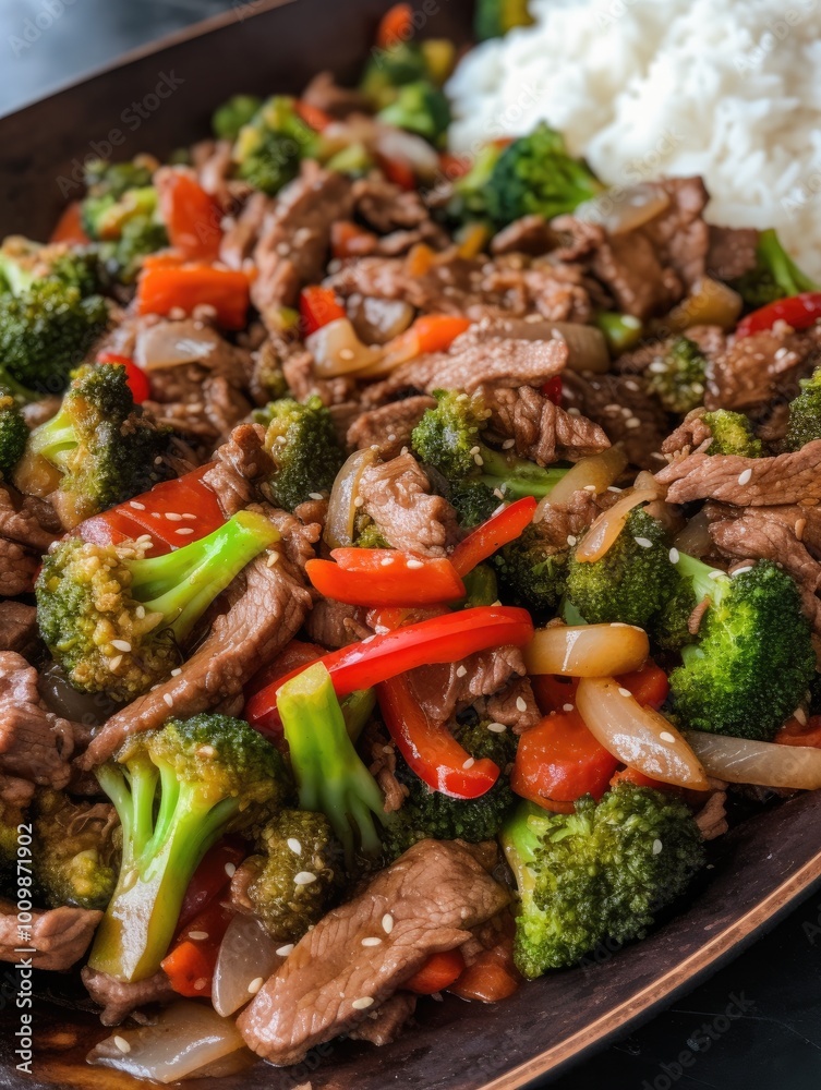 Stir-fried Beef, Broccoli, and Bell Peppers with White Rice Stir-fried Beef, Broccoli, and Bell Peppers with White Rice
